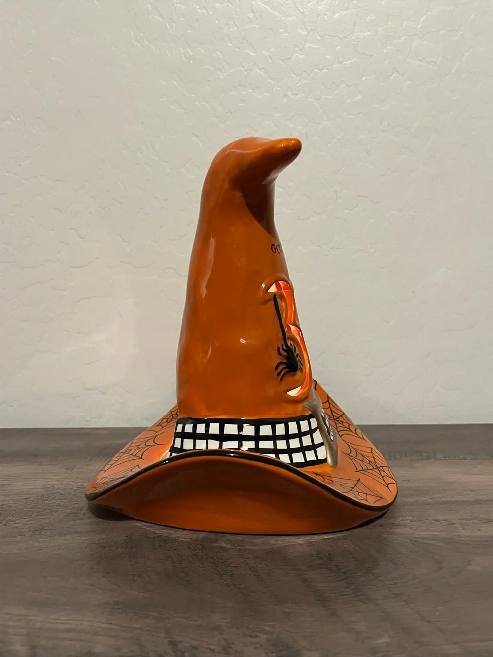 Blue Sky October 31 Orange Spider Web Witch Hat Ceramic Halloween Candle Holder